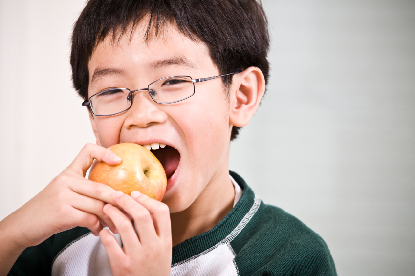 child is eating apple